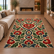 Folk Art Nurse Rug in a living room with a fireplace