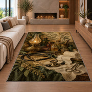 Vintage Apothecary Nurse Rug in a living room with a fireplace