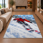 Downhill skier rug in a living room with a fireplace
