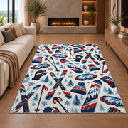 Ski gear pattern rug in a living room with a fireplace
