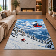 Alpine gondola rug in a living room with a fireplace