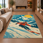 Vintage ski poster rug in a living room with a fireplace