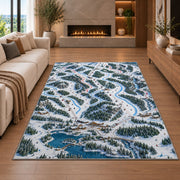 Ski resort trail map rug in a living room with a fireplace