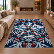 Crossed skis emblem rug in a living room with a fireplace