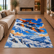 Snowboarder jump rug in a living room with a fireplace