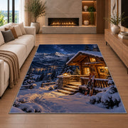 Ski cabin at night rug in a living room with a fireplace
