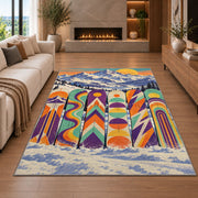 Retro snowboards rug in a living room with a fireplace