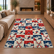 Checkered ski rug in a living room with a fireplace