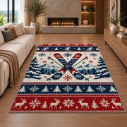 Nordic sweater skis rug in a living room with a fireplace