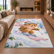 Teddy bear skier rug in a living room with a fireplace