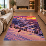 Sunset ski slope rug in a living room with a fireplace