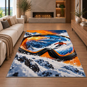 Ski goggles reflection rug in a living room with a fireplace