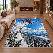 Ski jumper rug in a living room with a fireplace