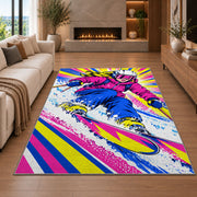 Pop art skier rug in a living room with a fireplace