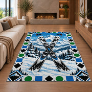 Trail difficulty symbols rug in a living room with a fireplace