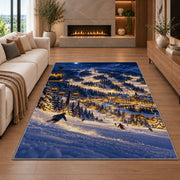 Night skiing resort rug in a living room with a fireplace
