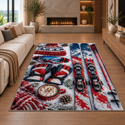 Ski gear flat lay rug in a living room with a fireplace