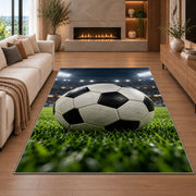 classic soccer ball under stadium lights rug in a living room with a fireplace