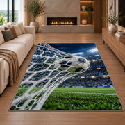 soccer ball hitting the net rug in a living room with a fireplace