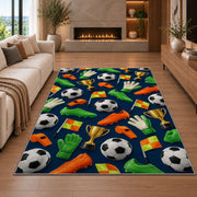 soccer gear pattern rug in a living room with a fireplace