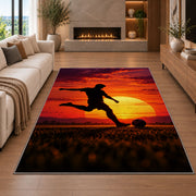 soccer player silhouette at sunset rug in a living room with a fireplace