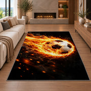 flaming soccer ball rug in a living room with a fireplace