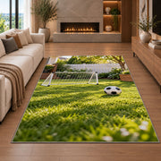 backyard soccer goal rug in a living room with a fireplace