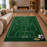 soccer tactics chalkboard rug in a living room with a fireplace