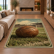 vintage leather soccer ball rug in a living room with a fireplace