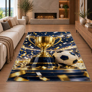 gold trophy and soccer ball rug in a living room with a fireplace
