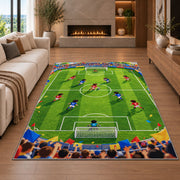 cartoon kids soccer match rug in a living room with a fireplace
