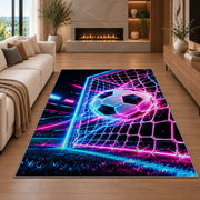 neon soccer ball and goal rug in a living room with a fireplace