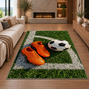 orange soccer cleats and ball rug in a living room with a fireplace