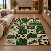 retro checkered soccer pattern rug in a living room with a fireplace