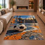 street soccer court rug in a living room with a fireplace