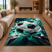 low poly geometric soccer ball rug in a living room with a fireplace
