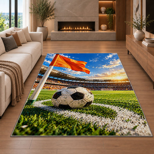 corner flag and soccer ball rug in a living room with a fireplace