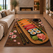 Sushi Platter Rug in a living room with a fireplace