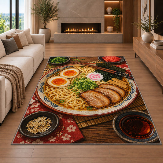 Ramen Bowl Rug in a living room with a fireplace