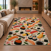 Sushi Pattern Rug in a living room with a fireplace
