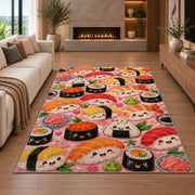 Kawaii Sushi Rug in a living room with a fireplace