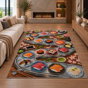 Conveyor Belt Sushi Rug in a living room with a fireplace