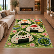 Onigiri Rice Ball Rug in a living room with a fireplace