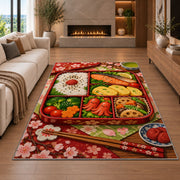 Bento Box Rug in a living room with a fireplace