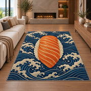 Salmon Nigiri Rug in a living room with a fireplace