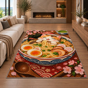 Cat Ramen Rug in a living room with a fireplace
