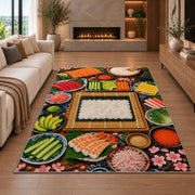 Sushi Making Rug in a living room with a fireplace