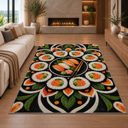Sushi Mandala Rug in a living room with a fireplace