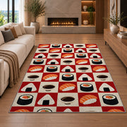 Checkered Sushi Rug in a living room with a fireplace