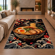 Ramen Bowl on Black Rug in a living room with a fireplace